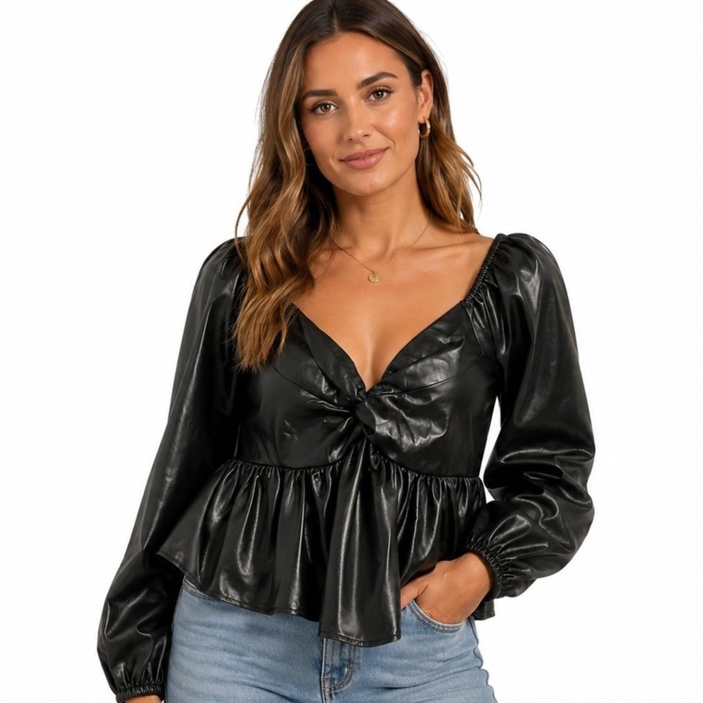 day + moon Peplum Top Large Black Faux Leather Twist‎ Front V-Neck A1503 NEW